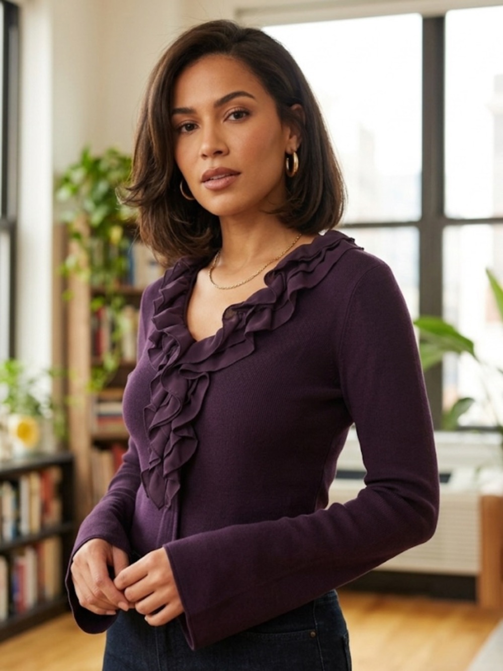 Oscar de la Renta Purple Ruffle Blouse‎ Size M